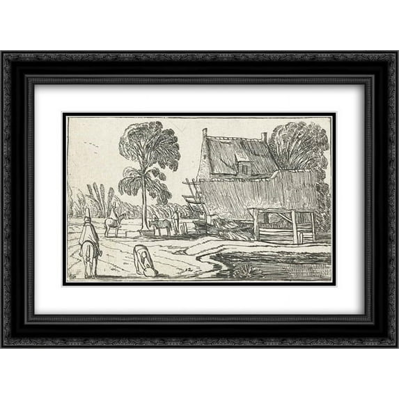 Esaias van de Velde 2x Matted 24x18 Black Ornate Framed Art Print 'Riding on the road next to a farm'
