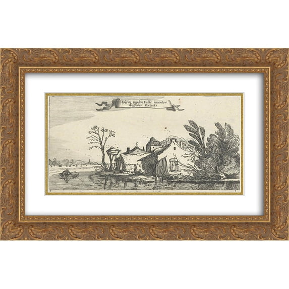 Esaias van de Velde 2x Matted 24x18 Gold Ornate Framed Art Print 'Farmhouse with dovecote on a river'
