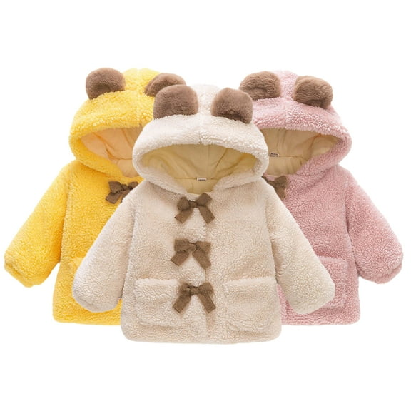 Esaierr 1-4 Years Girls Fleece Jacket for Baby Toddler,Warm Wool Plush Thick Cotton Tops,Hooded Bowknot Outwears Coats Jacket