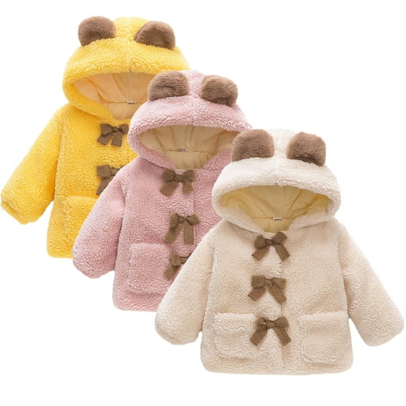 Esaierr 1-4 Years Girls Fleece Jacket for Baby Toddler,Warm Wool Plush Thick Cotton Tops,Hooded Bowknot Outwears Coats Jacket