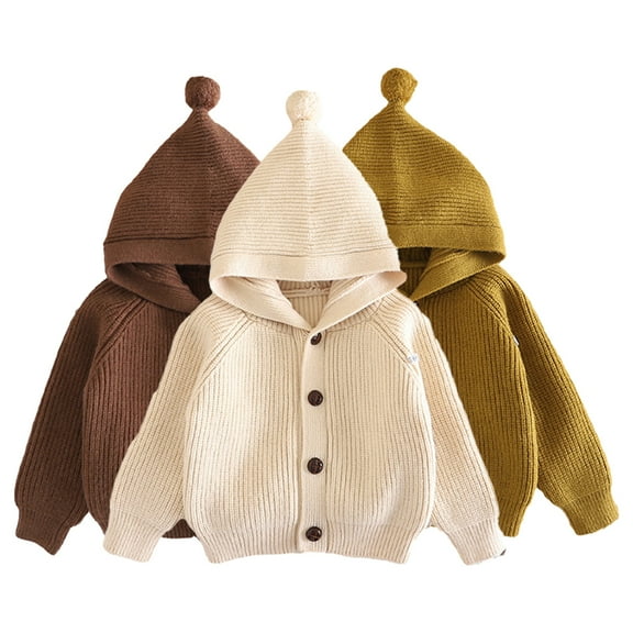 Esaierr 1-5 Years Boys Girls Hooded Sweaters for Baby Kids,Solid Color Knit Sweater Hooded Cardigan Sweaters Tops,Spring Fall Long Sleeve Loose Knitted Sweaters