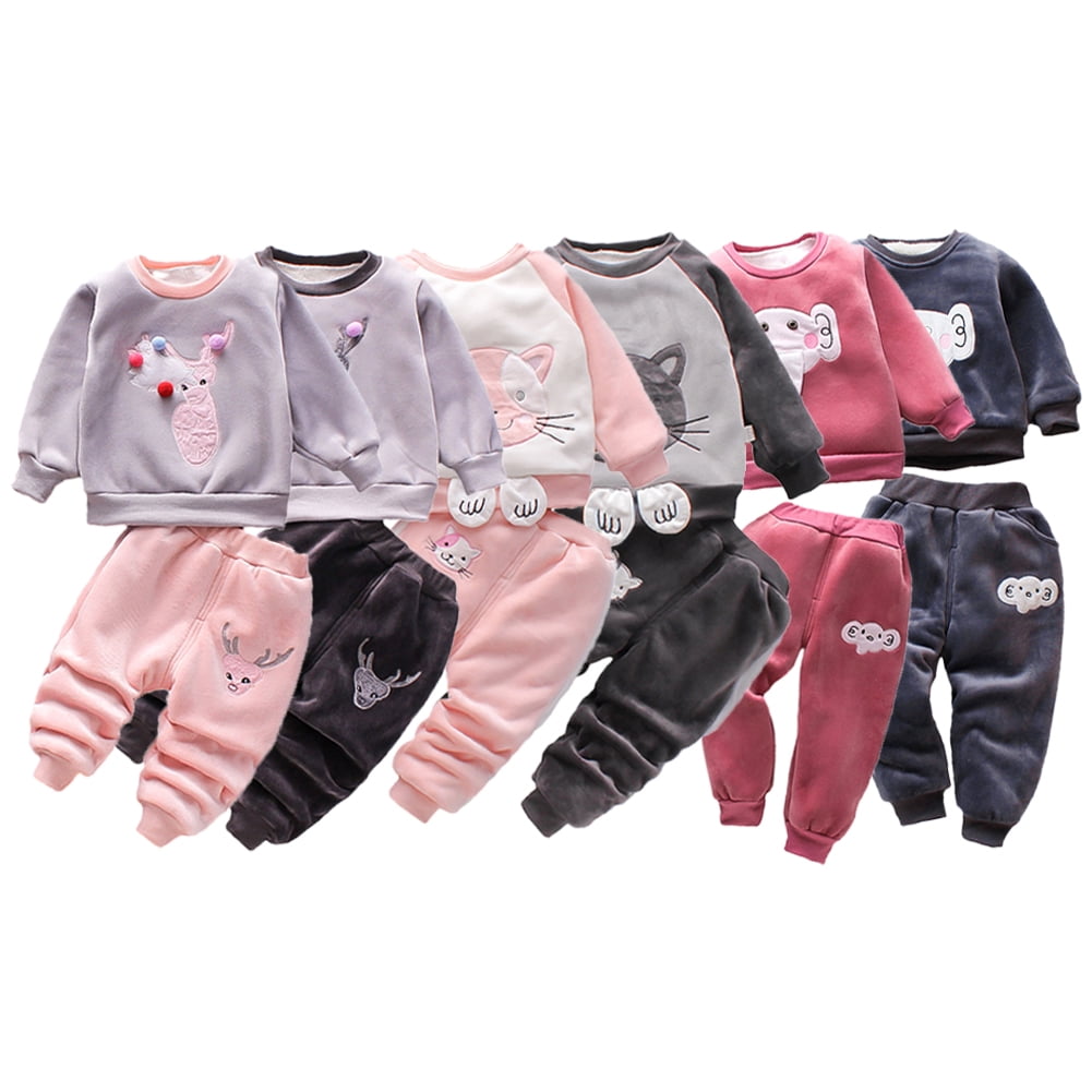 Esaierr 1-5Y Baby Boys Girls Sweatshirt Outfits Double-Sided Velvet Fall Winter Clothing Set Toddler Cartoon Elephant Three-Piece Set