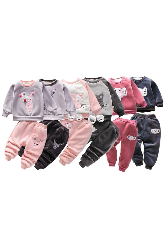 1-5Y Baby Boys Girls Sweatshirt Outfits Double-Sided Velvet Fall Winter Clothing Set Toddler Cartoon Elephant Three-Piece Set