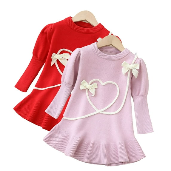 Esaierr 1-5Y Girls Sweater Dress Warm Skin-Friendly Knitwear Skirt with Love Pattern Ruffled Warm Jumper Dress for Autumn and Winter