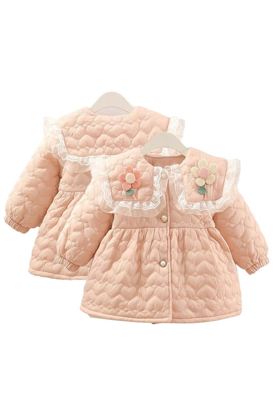 1-7T Baby Kids Girls Winter Hooded Puffer Cotton Coats Lace Trim Padded down Cotton Jacket Cute Princess Neckline Warm Outerwear Winter Tops