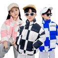 thumbnail image 1 of Esaierr 1-7Y Toddler Kids Checkerboard Cotton Jacket Boys Girls Simple Letter Print Cotton Coat Tops High Neck Warm Cotton Coat Slanting Pockets Winter Jacket, 1 of 7