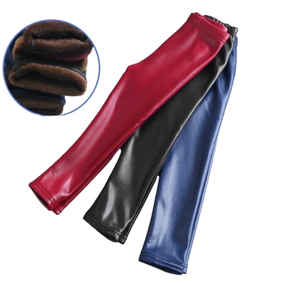 Esaierr 2-11Y Girls Stretchy Faux Leather Leggings for Baby Kids Winter Warm Pants Versatile Bottoms Fleece Stretch Trousers