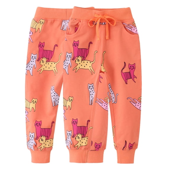 Esaierr 2-7 Years Girls Cat Print Sweatpants Baby Cotton Trousers Kids Elastic Closure Jogger Pants Toddler Sport Autumn Pants