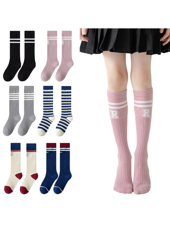 2 Pairs Baby Kids Girls Knee High Socks Striped Letters Thigh High Socks Compression Socks Solid Color Calf Socks 3-12 Years