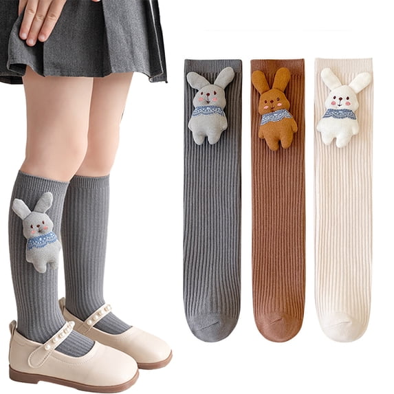 Esaierr 2 Pairs Kids Baby Solid Color Girls Mid-Calf Socks Cute Rabbit Knee High Socks Cotton Compression Socks 3-12 Years