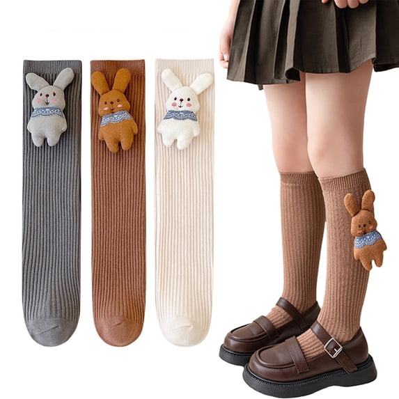 Esaierr 2 Pairs Kids Toddler Girls Knee High Socks Baby Cute Rabbit Thigh High Socks Solid Color Mid-Calf Socks Calf Compression Socks 3-12 Years