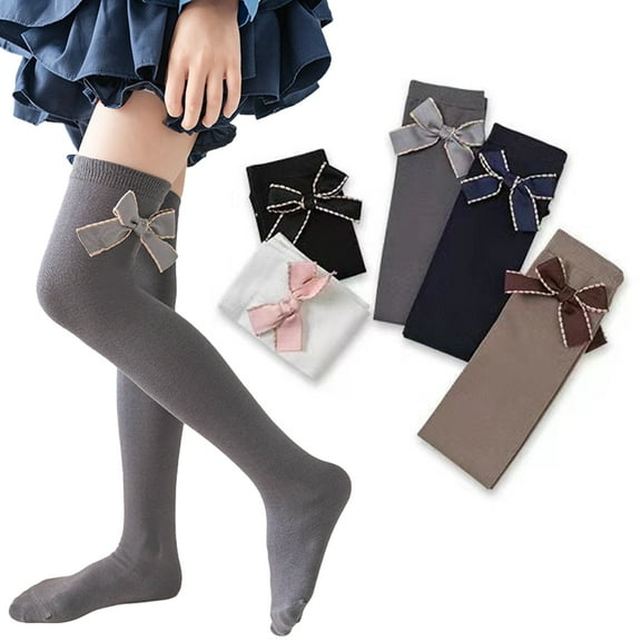 Esaierr 2 Pairs Toddler Girls Knee High Socks Bow Tie Stockings for Kids Cotton Socks Comfortable Cute Socks for 3-12Y