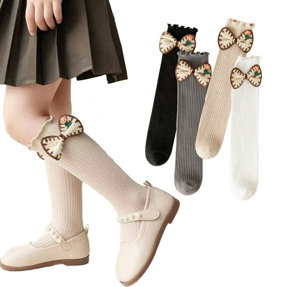 Esaierr 2 Pairs of Kids Girls Flowers Bow Knee High Socks Toddler Stacked Socks Solid Color Mid-Calf Socks Fall Winter Thigh High Socks