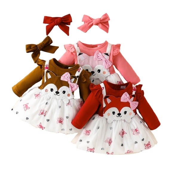 Esaierr 2PCS Newborn Girls Print Splice Dress for Girls Bow Dress Spring Autumn Long Sleeve Tulle Dress for 0-18M