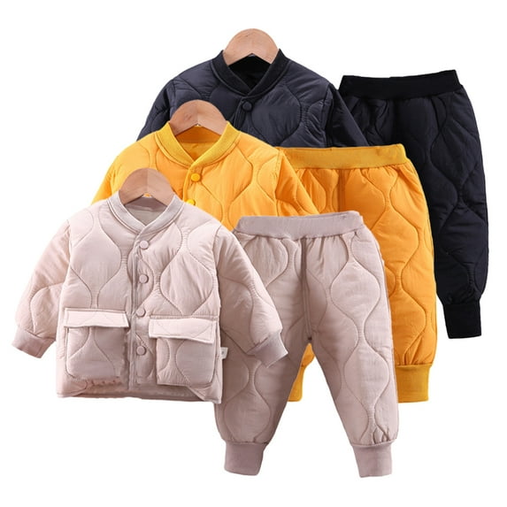 Esaierr 2PCS Baby Newborn Baby Girls Thickened Cotton Clothing Outfit Fall Winter Solid Color Cotton Coats Cotton Pants Set 6 Months-4 Years