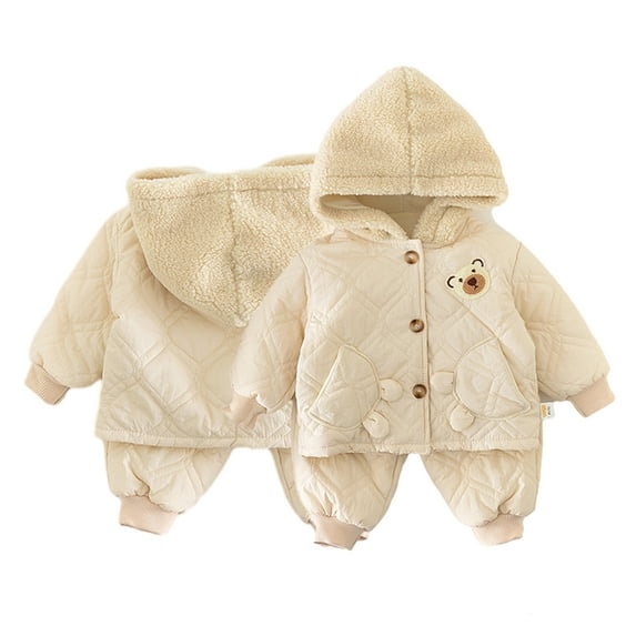 Esaierr 2PCS Newborn Baby Boy Snowsuit Set Toddler Cotton Jacket + Pants Outfits Winter Padded Cartoon Hoodie Fleece Clothes Coat for 6M-4Y
