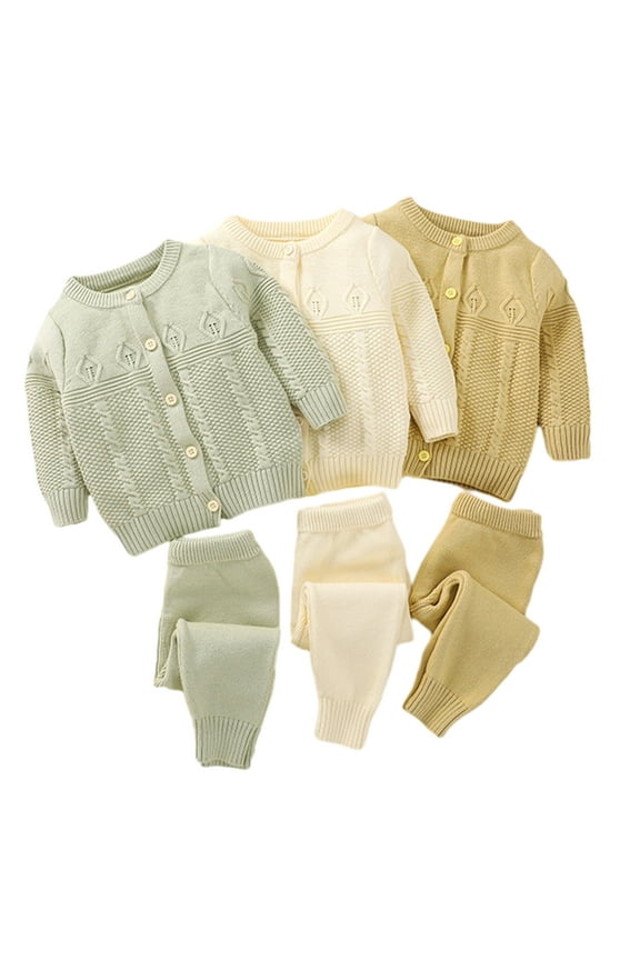 2PCS Newborn Baby Boys Girls Knitted Sweater Outfits Solid Color Crewneck Cardigan Tops with Pants 2-Piece Set Spring Fall Unisex Set 0-24 M
