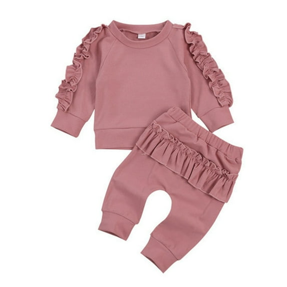 Esaierr 2PCS Newborn Baby Girls Sweatshirt and Jogger Set Cotton Ruffles Sweatsuit Outfits Spring Fall Solid Color Long Sleeve Long Pants Set Size 0-24 Months