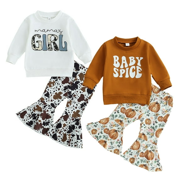 Esaierr 2PCS Newborn Toddler Girls Letter Outfits Set for Baby Sweatshirt Tops+ Leopard Bell Bottom Pants Spring Autumn Long-Sleeved Trouser Set for 6M-6Y