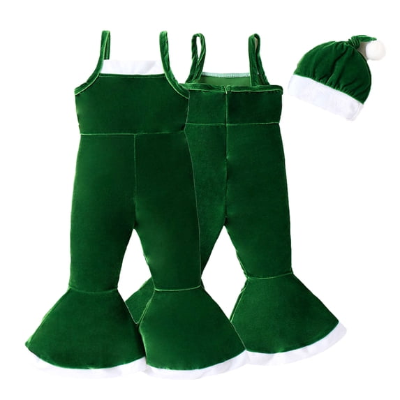 Esaierr 2PCS Toddler Newborn Girls Christmas Jumpsuit Flare Pants Outfits Gold Velvet Suspenders Colorblocking Flare Trousers + Hat Set for 6 Months-5 Years Christmas Clothing