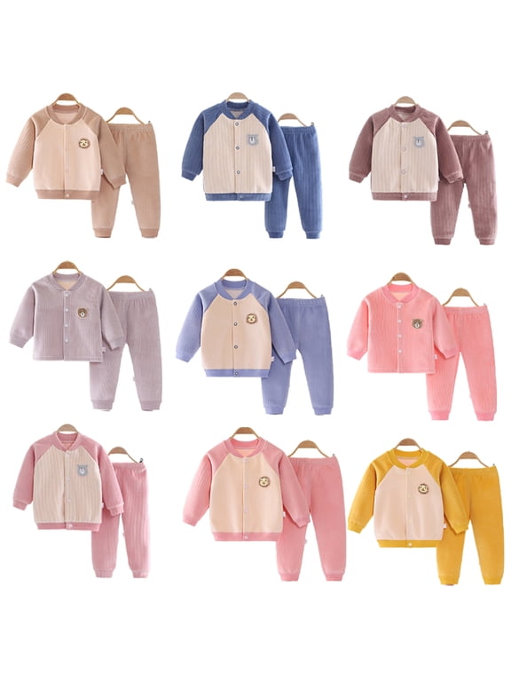 2Pcs Baby Newborn Boys Girls Fleece Thermal Underwear Outfit Plush Cardigan Thermal Pjs+Pants Long Johns Toddler Warm Sleep Outfit Autumn Winter 3 Months-24 Months