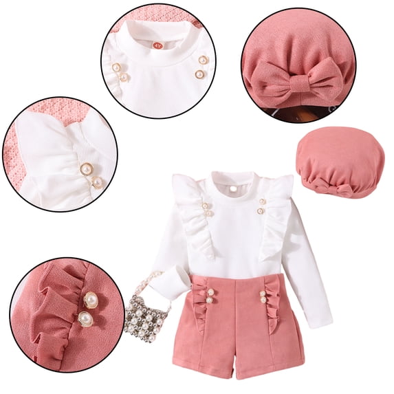Esaierr Kids Toddler Girls 2Pcs T-Shirt Shorts Pants Set,Baby Clothes Outfit Ruffle Turtleneck Solid Knit Tops Fall Winter Pullover T-Shirt Tops Pants Set with Hat for 4-7Y
