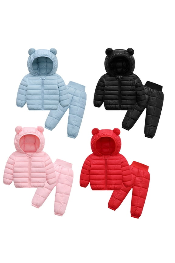 2Pcs Kids Baby Puffer Outerwear down Pants Set for Boys Girls 9M-5Y Toddler Two-Piece Ski Suits Bear Hoods down Coat+Snow Pants Set