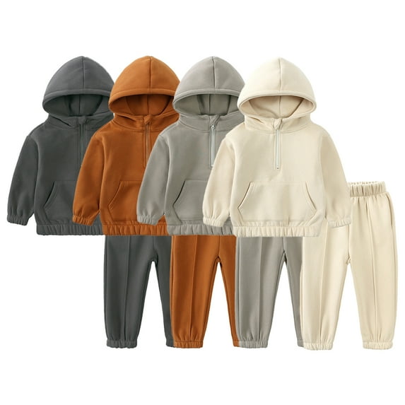 Esaierr 2Pcs Kids Baby Winter Fleece Tracksuits Sweatshirt Top and Pants Fall Outfit Set, 1-7Y Unisex Toddler Warm Hoodie Suits Jogger Pants Thick Track Set for Boys Girls