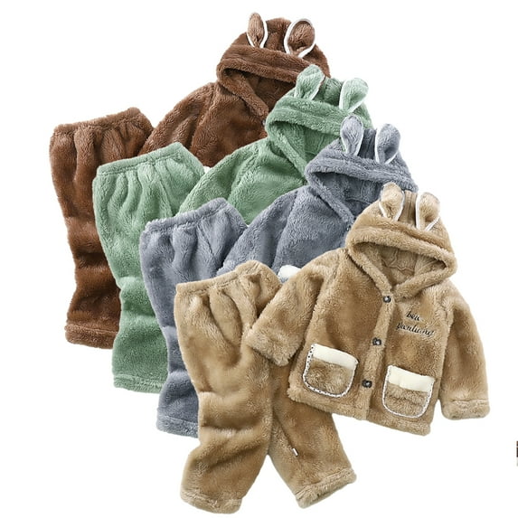 Esaierr 2pcs Boys Girls Kids Fleece Pajamas Bathrobe Set Toddler Baby,kids with Hoodie Thickening Fall Winter Romper Robes Toddler Fleece Sleepwear Outfits