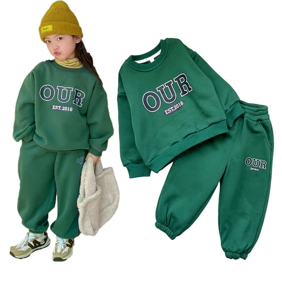 Esaierr 2pcs Toddler Baby Fleece Sweatshirt Set for Boys Girls,Fall Winter Clothes Letter Roundneck Kids Pullover Sweatsuit Top Long Pant Jogger Outfits Set for 3-8T