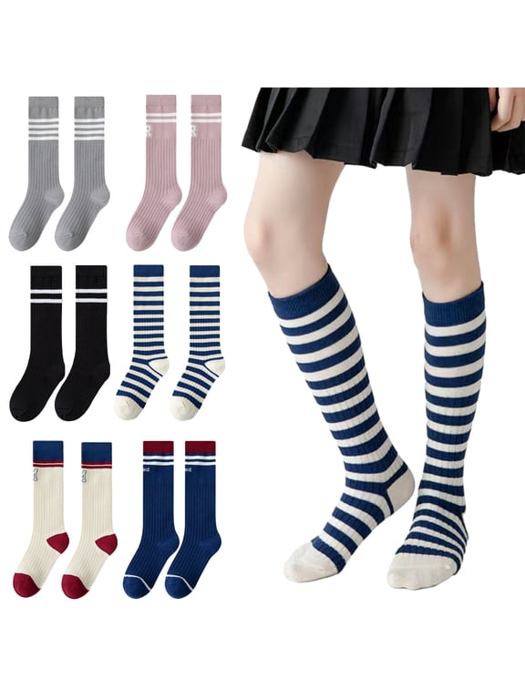 3-12 Years Kids Baby Girls Knee High Socks Girls Cute Cotton Socks Striped Letters Calf Socks Toddler Thigh High Socks 2 Pairs