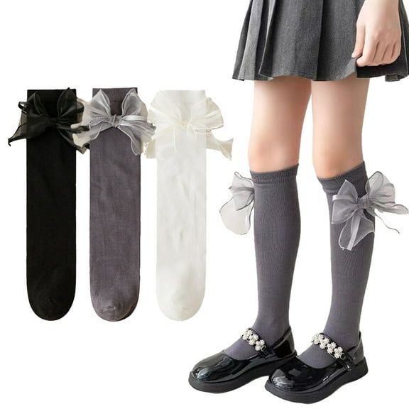 Esaierr 3-12T Girls Knee High Socks Kids Lace Bow Thigh High Socks Big Bow Dress Socks Mid-Calf Students Socks 2 Pairs