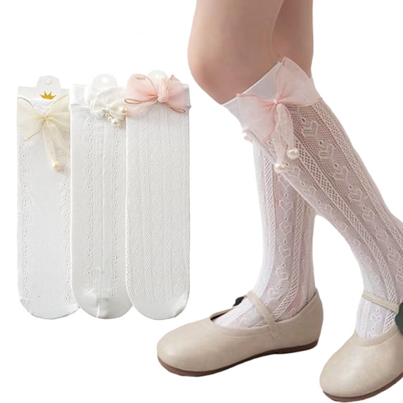 Esaierr 3-12T Kids Baby Girls Knee High Socks with Non-slip Grip Bow Long Stockings Toddler Lace Socks 2 Pairs