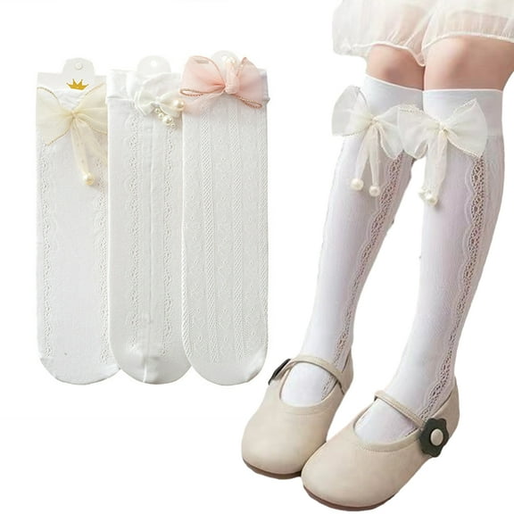 Esaierr 3-12T Kids Baby Girls Knee High Socks with Non-slip Grip Bow Long Stockings Toddler Lace Socks 2 Pairs