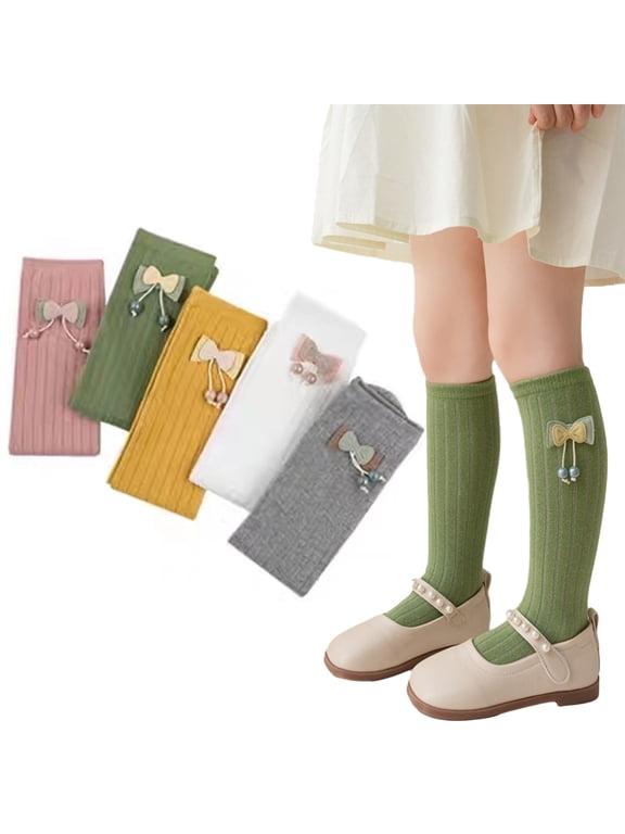 3-12Y Toddler Girls Knee High Socks with Bow for 3 Pairs Kids Dress Socks Cotton Soft Socks