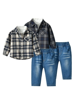 3PCS Baby Boys Dress Suit Coat/Plaids Shirt/Denim Pants Set Kids Clothes  Outfits