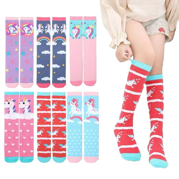 Esaierr 3 Pairs Girls Knee High Socks for Kids Baby Spring Fall Cartoon Mid-Calf Socks Colorful Thigh High Socks Toddler Cotton Socks 3-12 Years Old