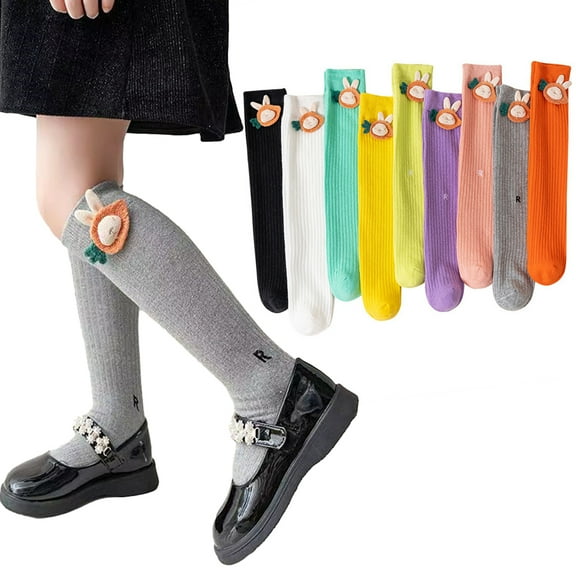 Esaierr 3 Pairs Kids Baby Girls Candy Color Knee High Socks 3-12Y Cotton Thigh High Socks Toddler Vertical Stripes Calf Compression Socks Mid-Calf Socks