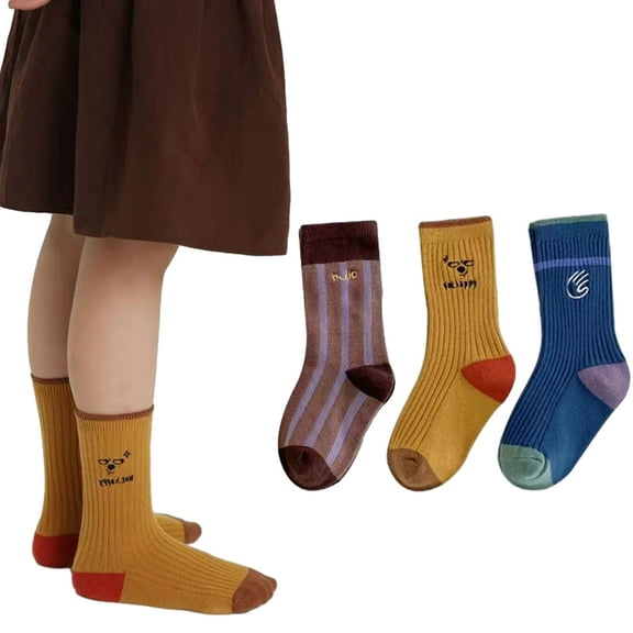 Esaierr 3 Pairs Kids Boys Socks Cartoon Embroidery Socks Non Skid Anti Slip Crew Socks Toddler Mid-Tube Socks Cotton Baby Socks Warm Socks for 3-12 Years Old