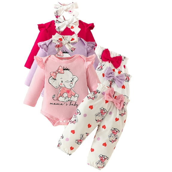 Esaierr 3PCS Newborn Girls Clothes Outfits Sleeve Romper Pants with Headband Outfits Autumn Winter Cartoon Set for 0-18M