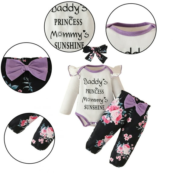 Esaierr 3PCS Newborn Girls Lace Romper+ Flower Pants+ Headband Outfits Trousers Tops Set Comfort Long Sleeve Trousers Spring Autumn Clothing for 0-18M
