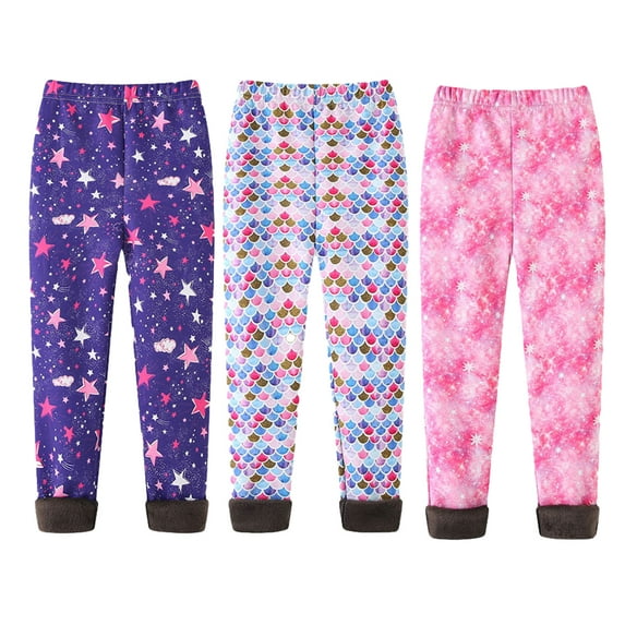 Esaierr 3PCS Toddler Girls Fleece Lined Leggings for Kids Winter Pants Trousers Kids Thick Warm Printed Pants for 3-12 Years