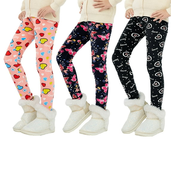 Esaierr 3Pcs Kids Girls Winter Leggings Print Fleece Thick Lined Warm Leggings 3-12Y Toddler Baby Fleece Lined Leggings