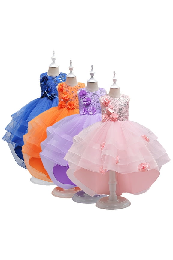 4-12T Baby Kids Girls Pageant Dresses Big Skirt Tail Flower Girl Dress for Toddler Tulle Prom Ball Gowns Wedding Evening