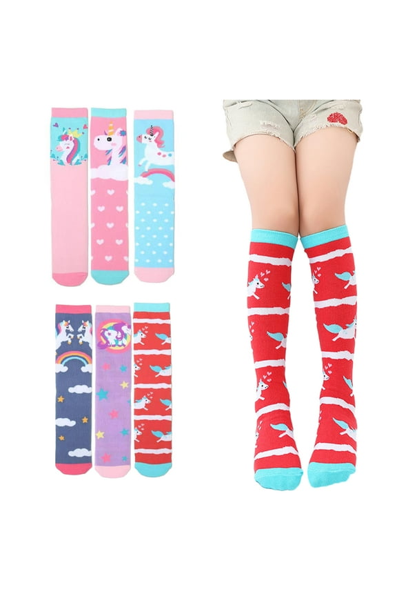 4 Pairs Girls Knee High Socks Soft Cotton Compression Socks Knee Cartoon Long Socks for Toddler Kids 2-12 Years Old