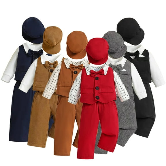 Esaierr 4PCS Newborn Boys Gentleman Outfit Shirt Jumpsuit+ Vest+suspenders Pants+hat Fall Suit Set for 1 Month-2 Years Old Baby
