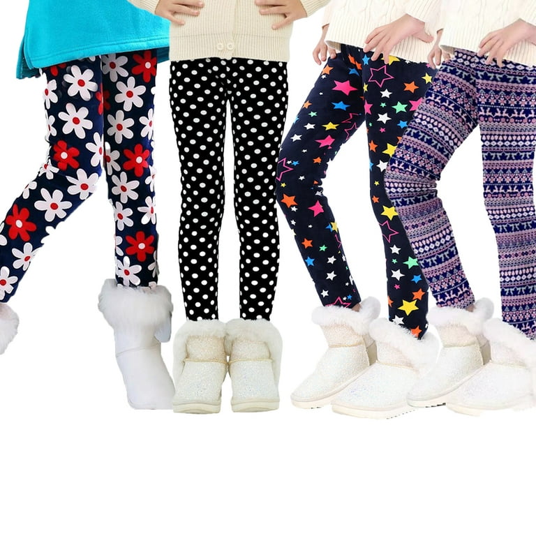 Esaierr 4Pcs Kids Girls Winter Fleece Leggings Thick Warm Leggings 3-12Y  Toddler Baby Print Fleece Lined Leggings 