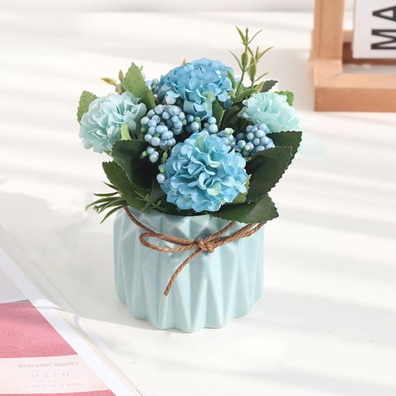 Esaierr 5x3in Artificial Flower Hydrangea Potted Plant with Ceramic Pots Silk Fake Flower Decoration