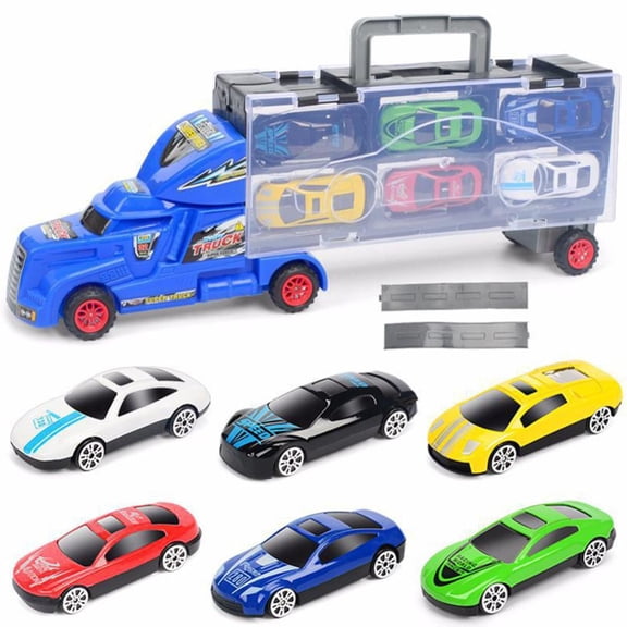 Esaierr 6 Pcs Kids Container Car With Slide Track Car Extendable Carry Handle Alloy Model Toy Portable Simulation Sliding Car Plastic Toy