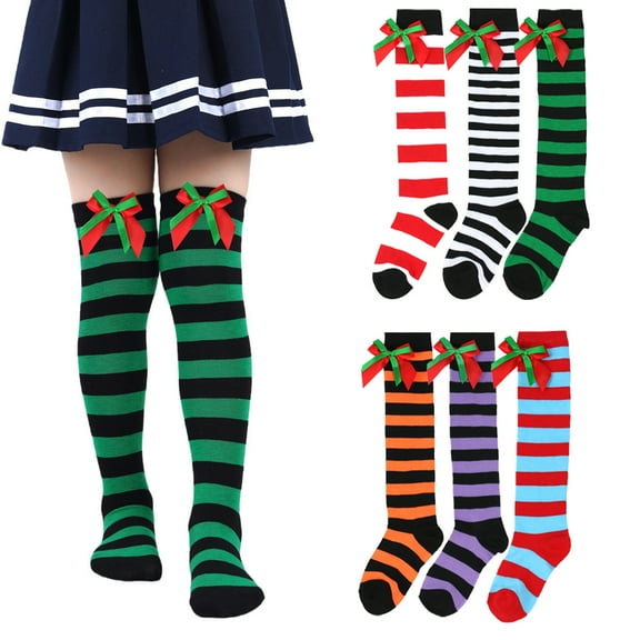 Esaierr 6 pairs Kids Girls Christmas Long Striped Socks Bowknot Knee High Tube Socks Thigh High Stockings for Christmas Party 7-12 Years